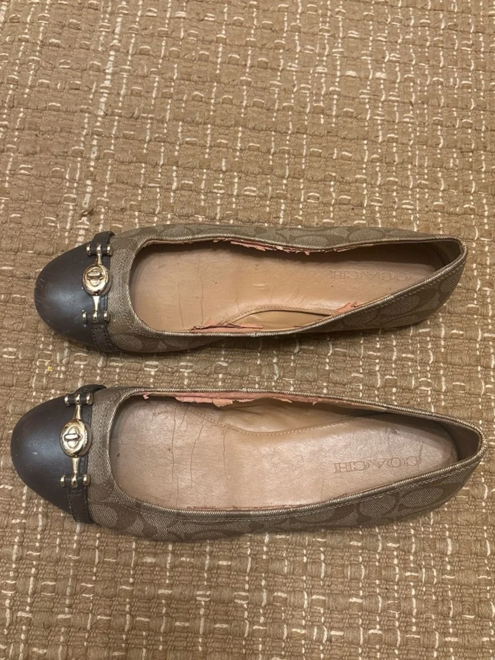Coach Brown Logo Ballet Flats with Black Cap Toe and Gold Accent